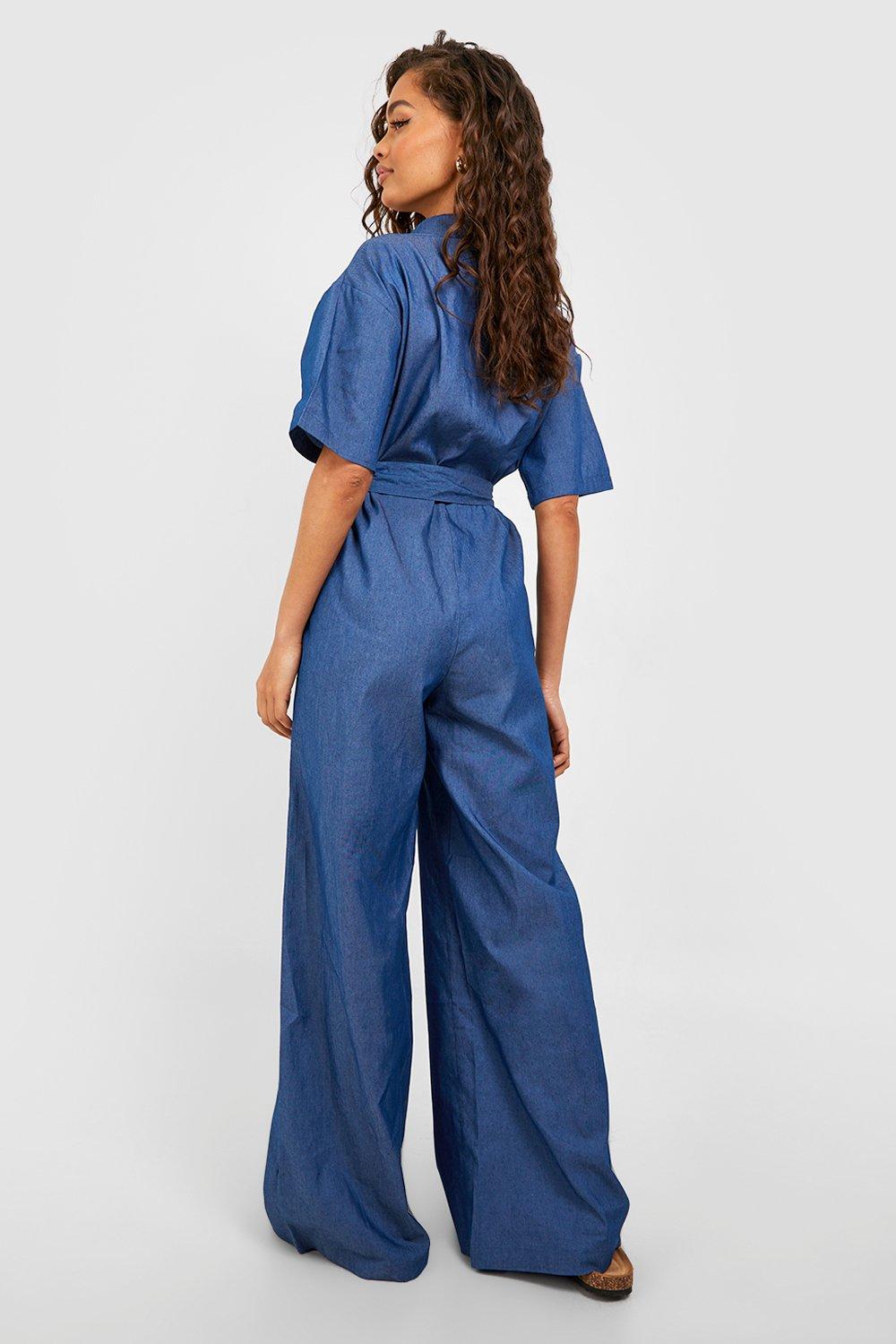 ASOS DESIGN Maternity denim boiler suit in mid wash