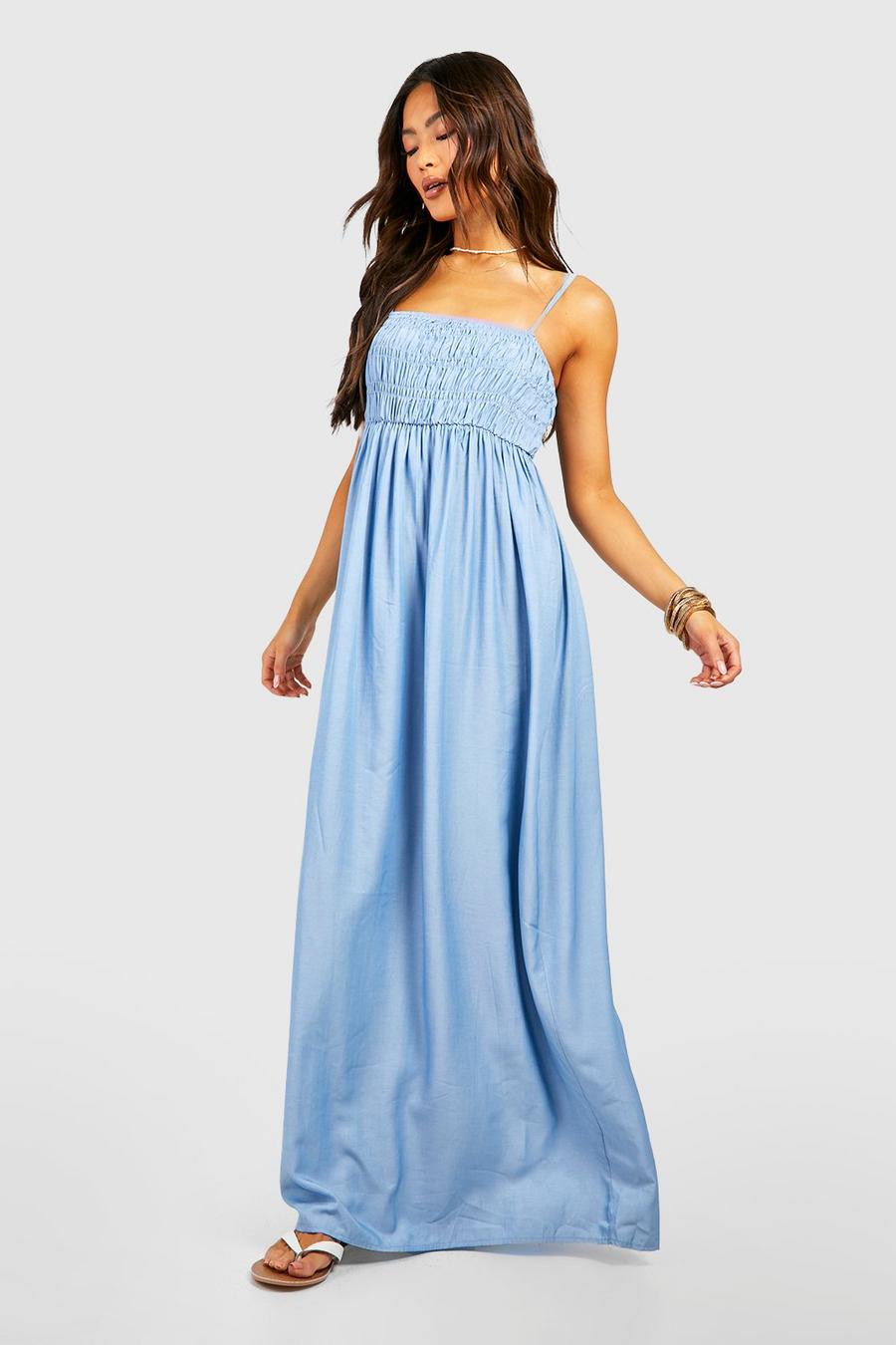 Blue Shirred Bust Floaty Maxi Dress image number 1