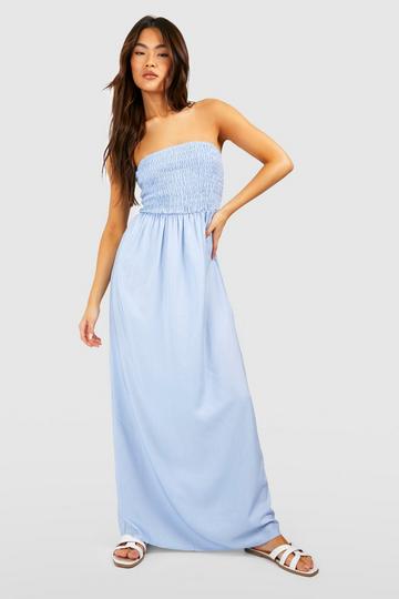 Shirred Bandeau Chambray Maxi Dress light blue