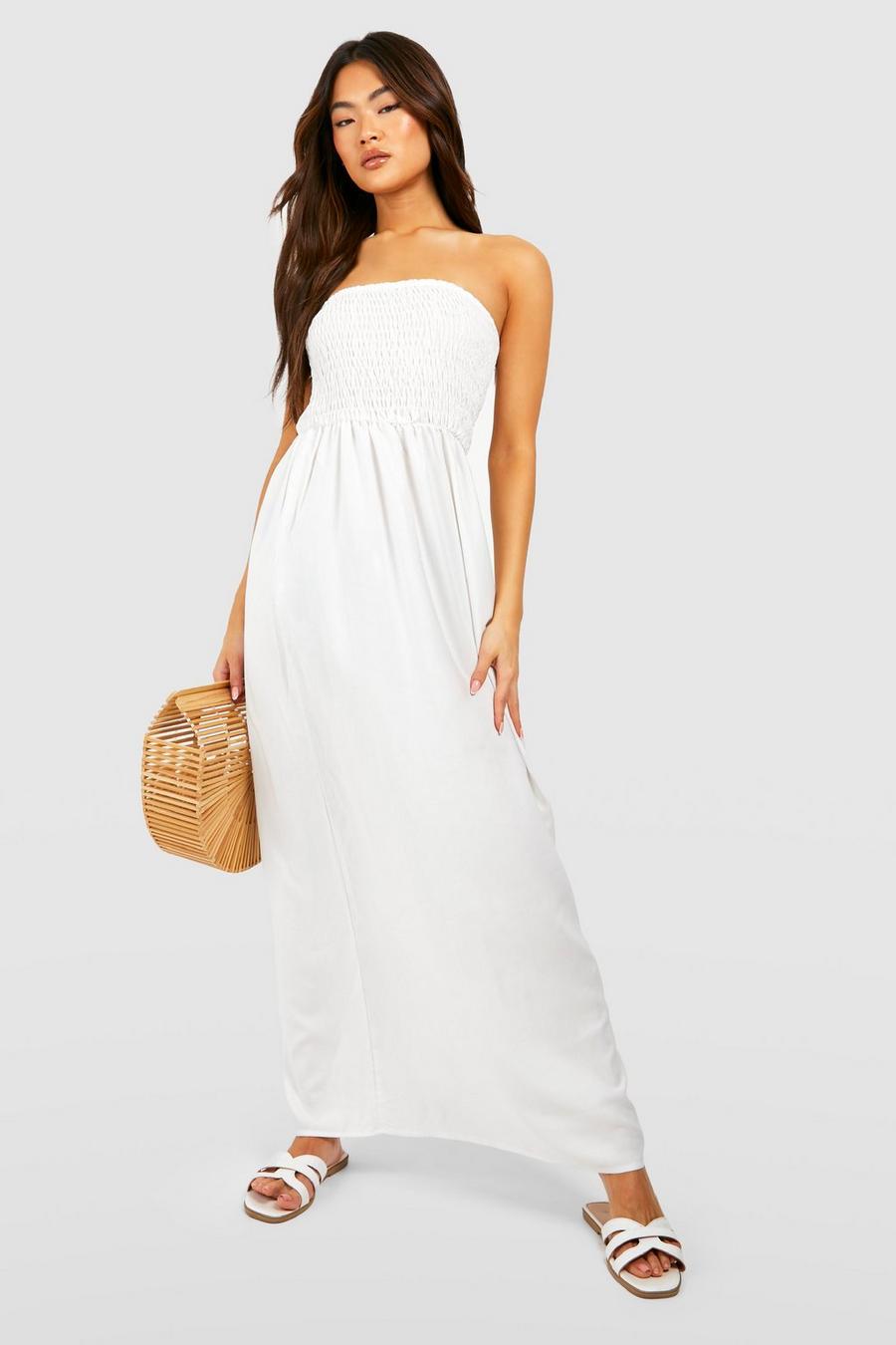 White Geplooide Strapless Chambray Maxi Jurk image number 1