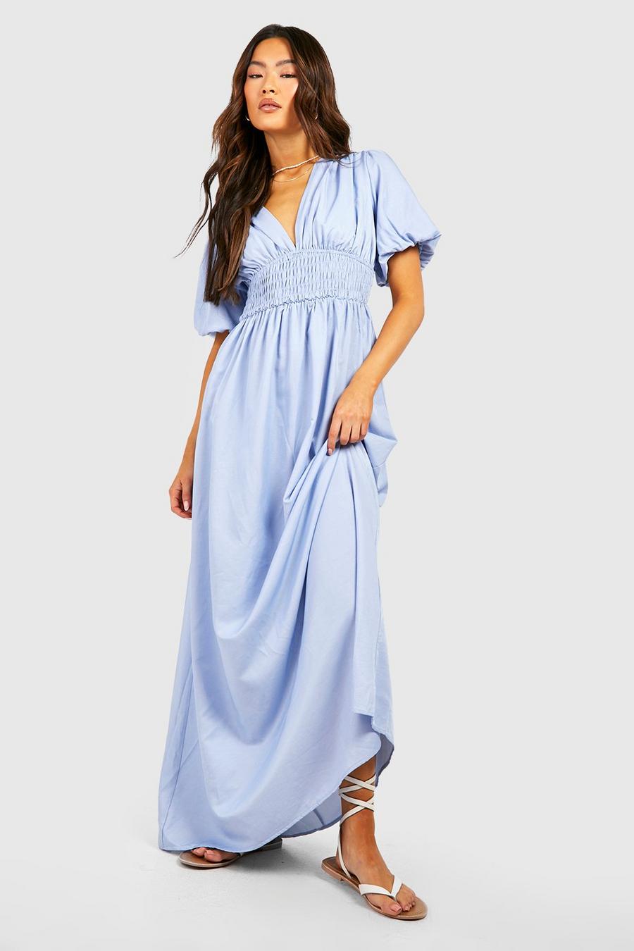 Light blue Plunge Front Puff Sleeve Chambray Maxi Dress image number 1