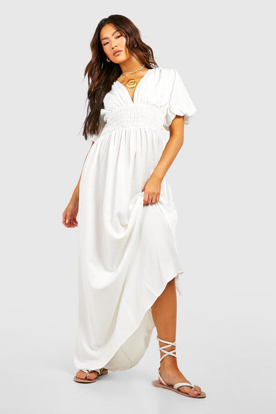 White Plunge Front Puff Sleeve Chambray Maxi Dress image number 1