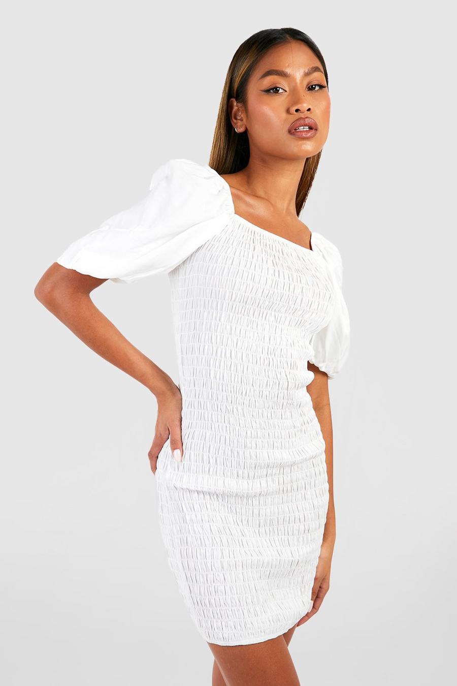 White Shirred Puff Sleeve Bodycon Chambray Mini Dress