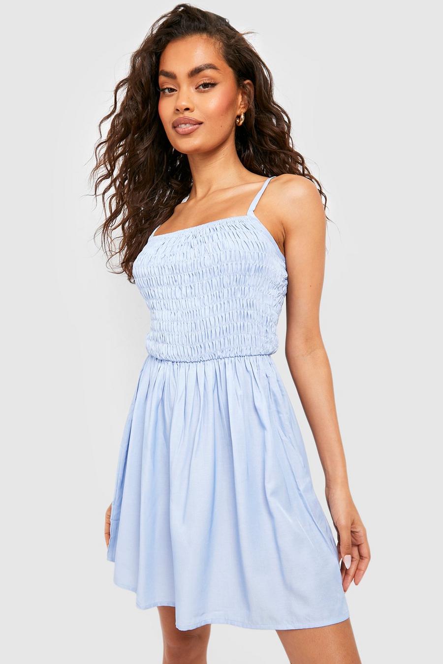 Light blue Shirred Bust Chambray Mini Dress image number 1