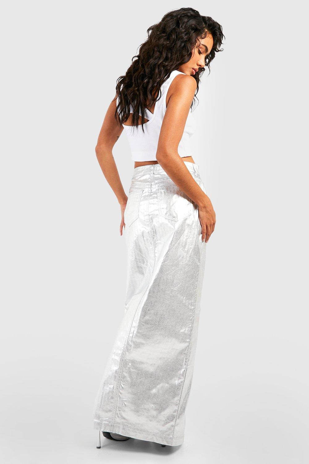 Metallic Silver Denim Maxi Skirt