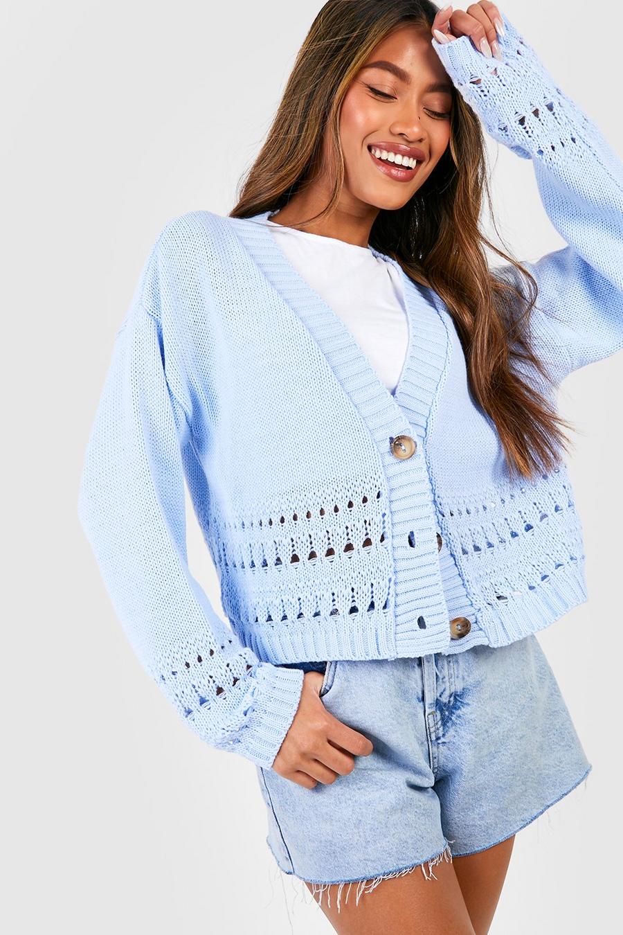 Pastel blue Crochet Hem Crop Cardigan
