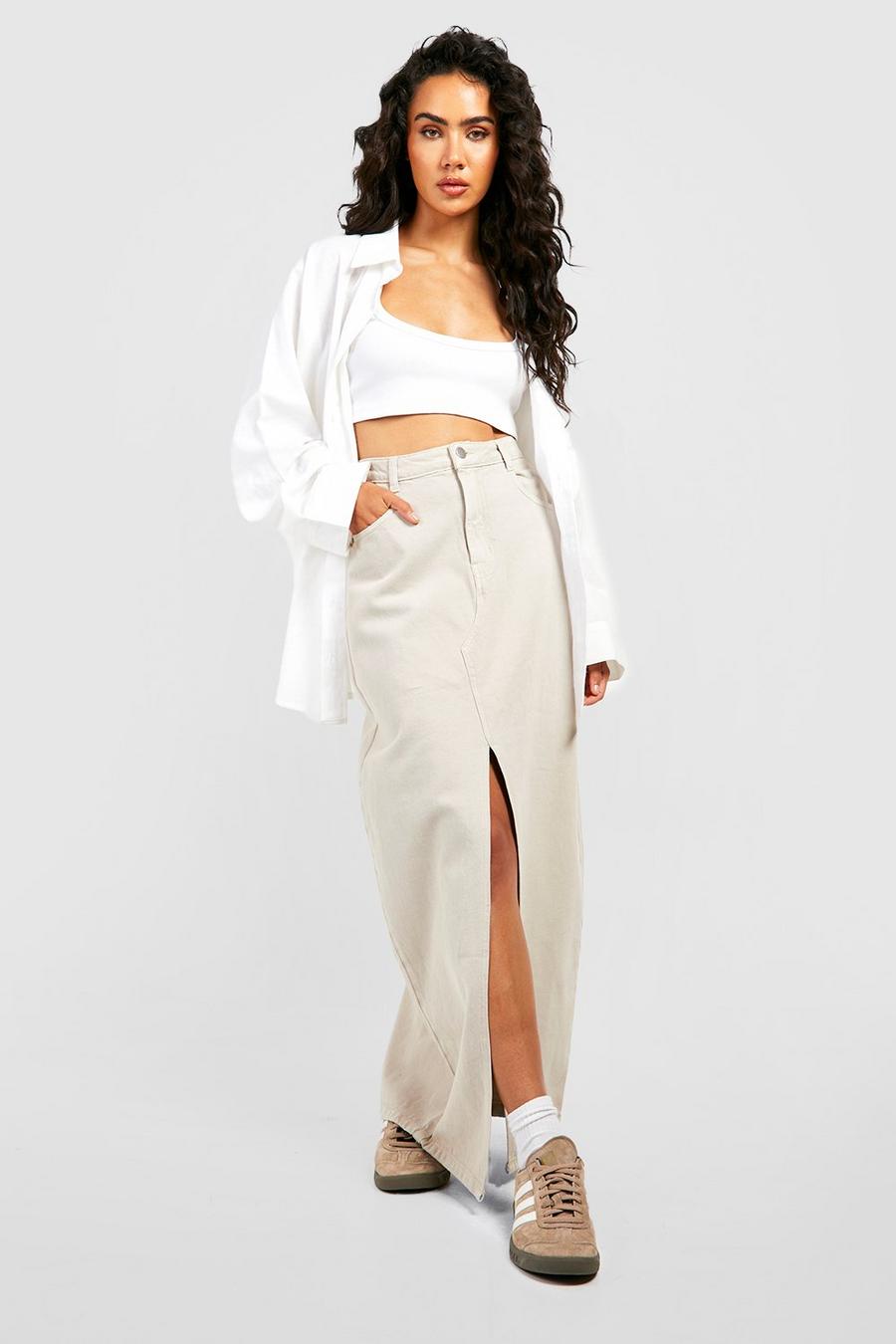 Ecru white Split Front Denim Maxi Skirt