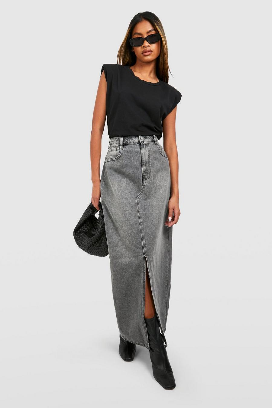 Mid grey Split Front Denim Maxi Skirt 