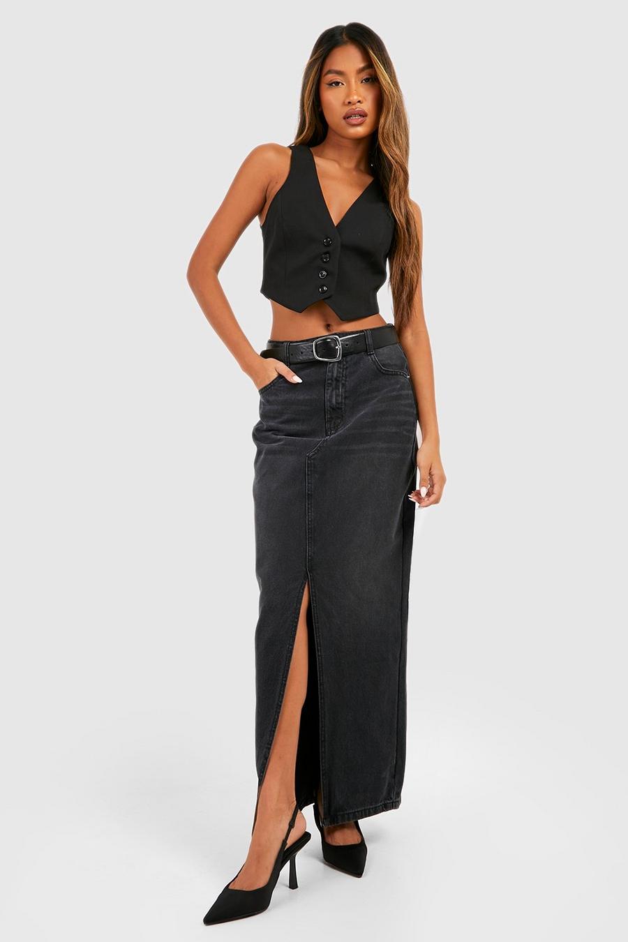 Black Split Front Denim Maxi Skirt image number 1