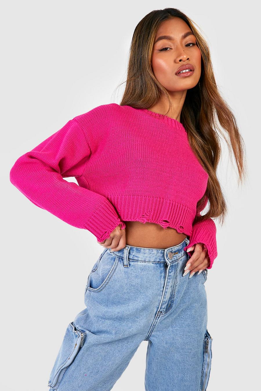 Hot pink Distressed Hem Crop Sweater image number 1