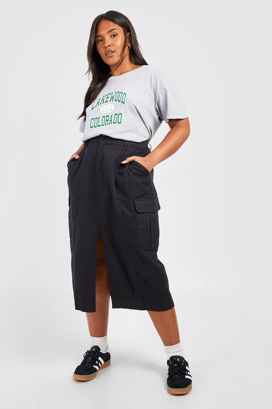 Black Plus Denim Pocket Split Front Cargo Midaxi Skirt image number 1
