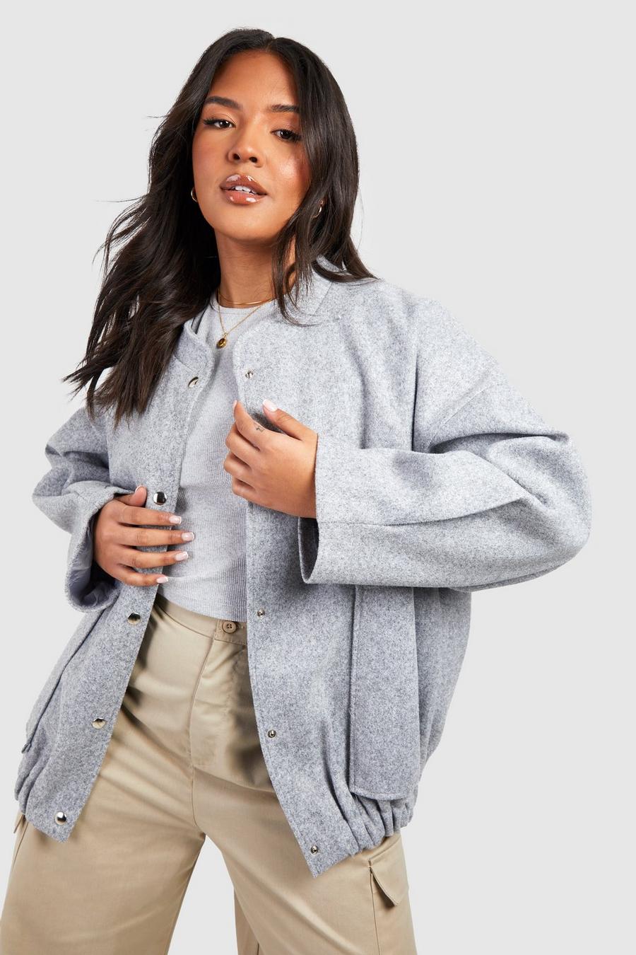 Grey Plus Wool Look Oversized Bomber Jacket 