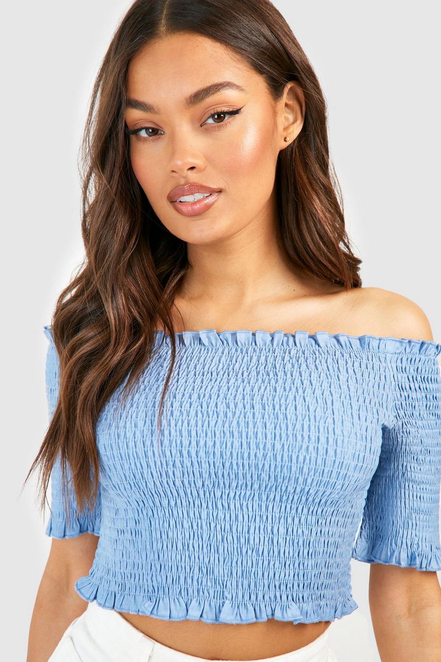 Blue Shirred Chambray Off The Shoulder Top image number 1