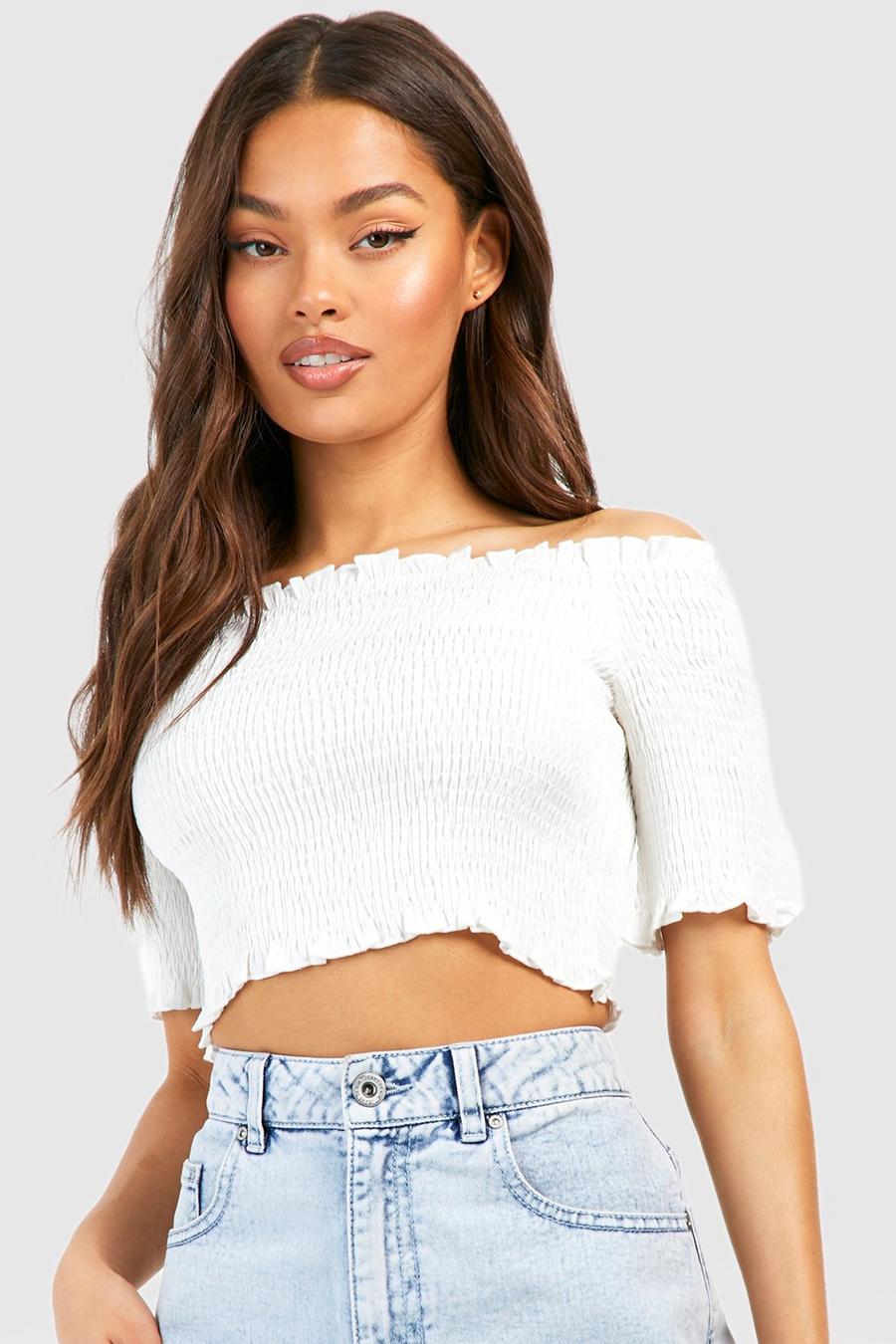 White Shirred Chambray Off The Shoulder Top
