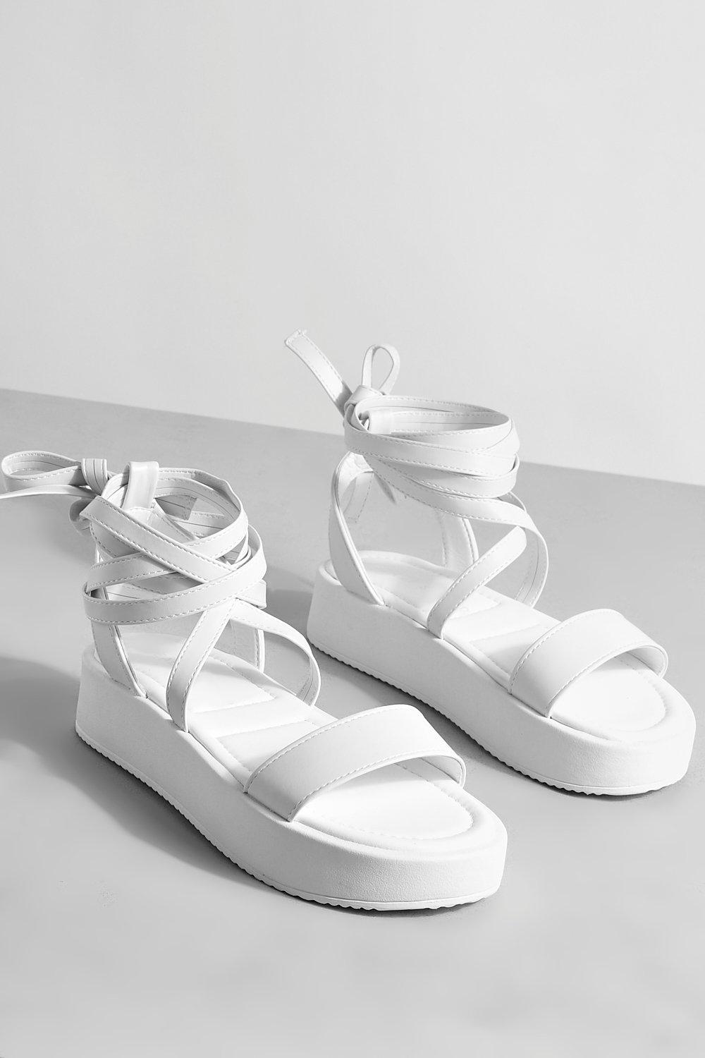 Wide Fit Chunky Flatform Tie Leg Sandals | boohoo