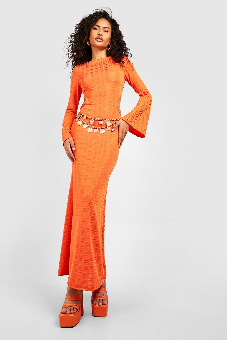 Orange Textured Cut Out Waist Maxi Dress image number 1