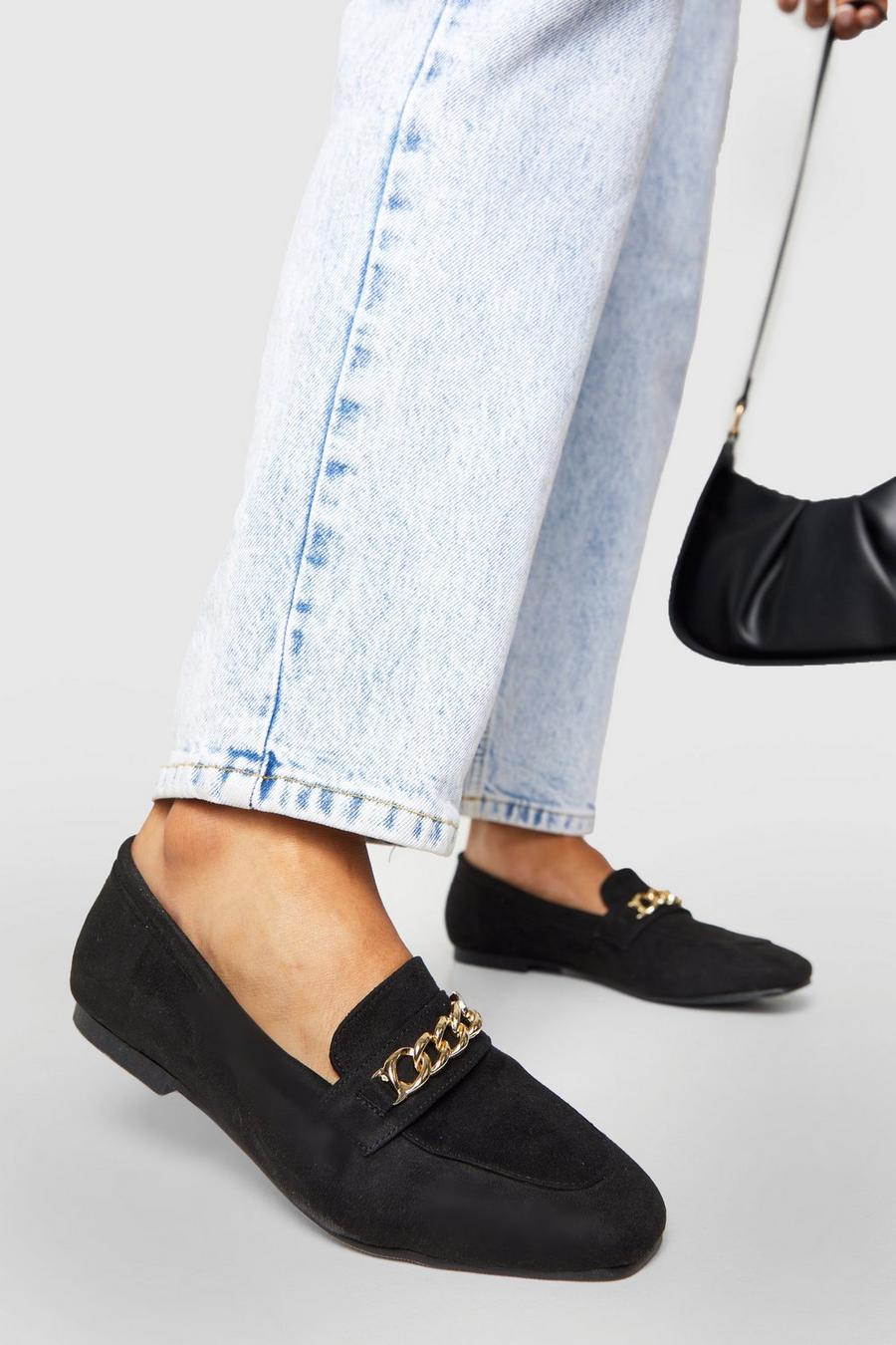 Black Wide Fit Square Toe Chain Trim Loafers