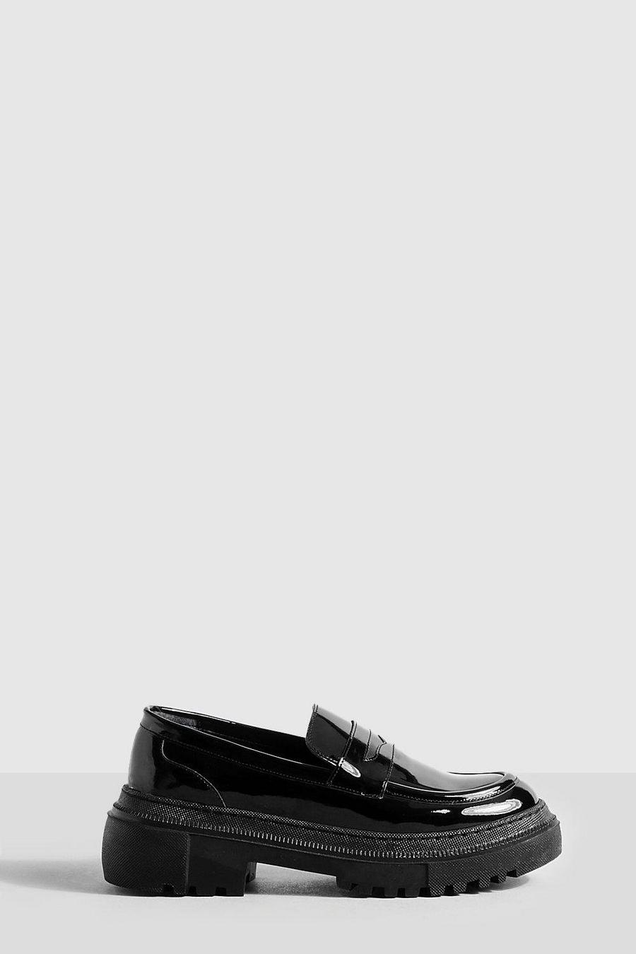 Black Wide Fit Chunky Sole Patent Loafers