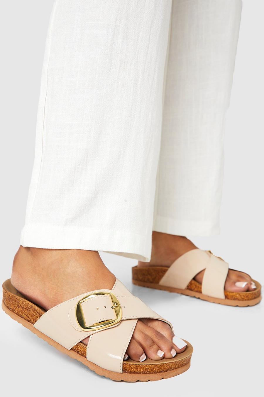 Beige Wide Fit Crossover Strap Patent Footbed Sliders
