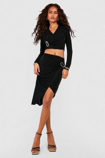 Black Wrap Over Metal Ring Midi Skirt