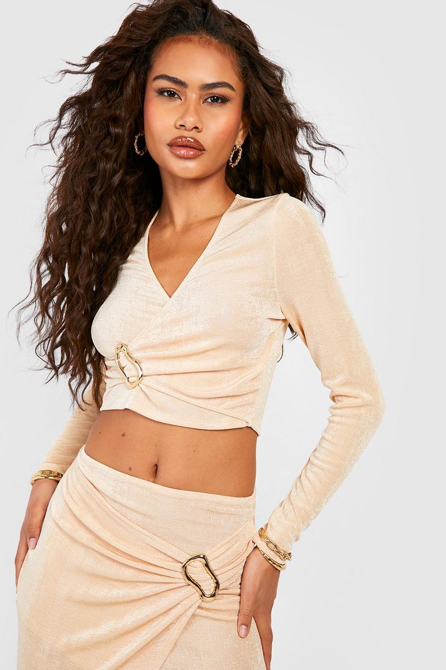 Sand beis Wrap Over Metal Ring Crop Top