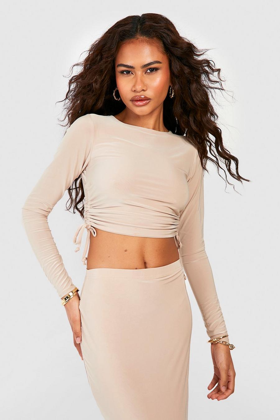 Sand beis Slinky Ruched Side Crop Top