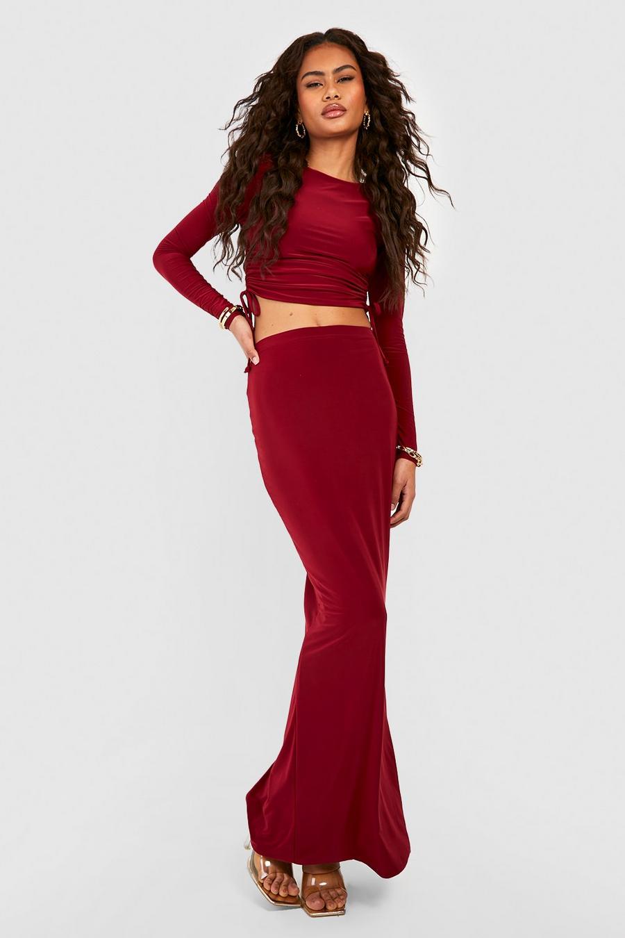 Maroon red Slinky High Waisted Maxi Skirt