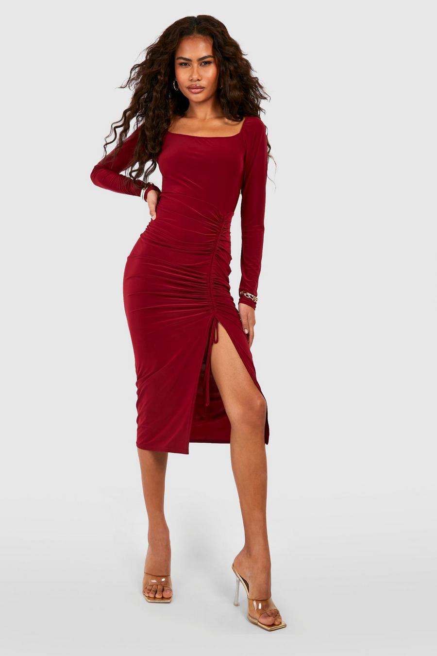 Maroon red Slinky Ruched Side Midi Dress