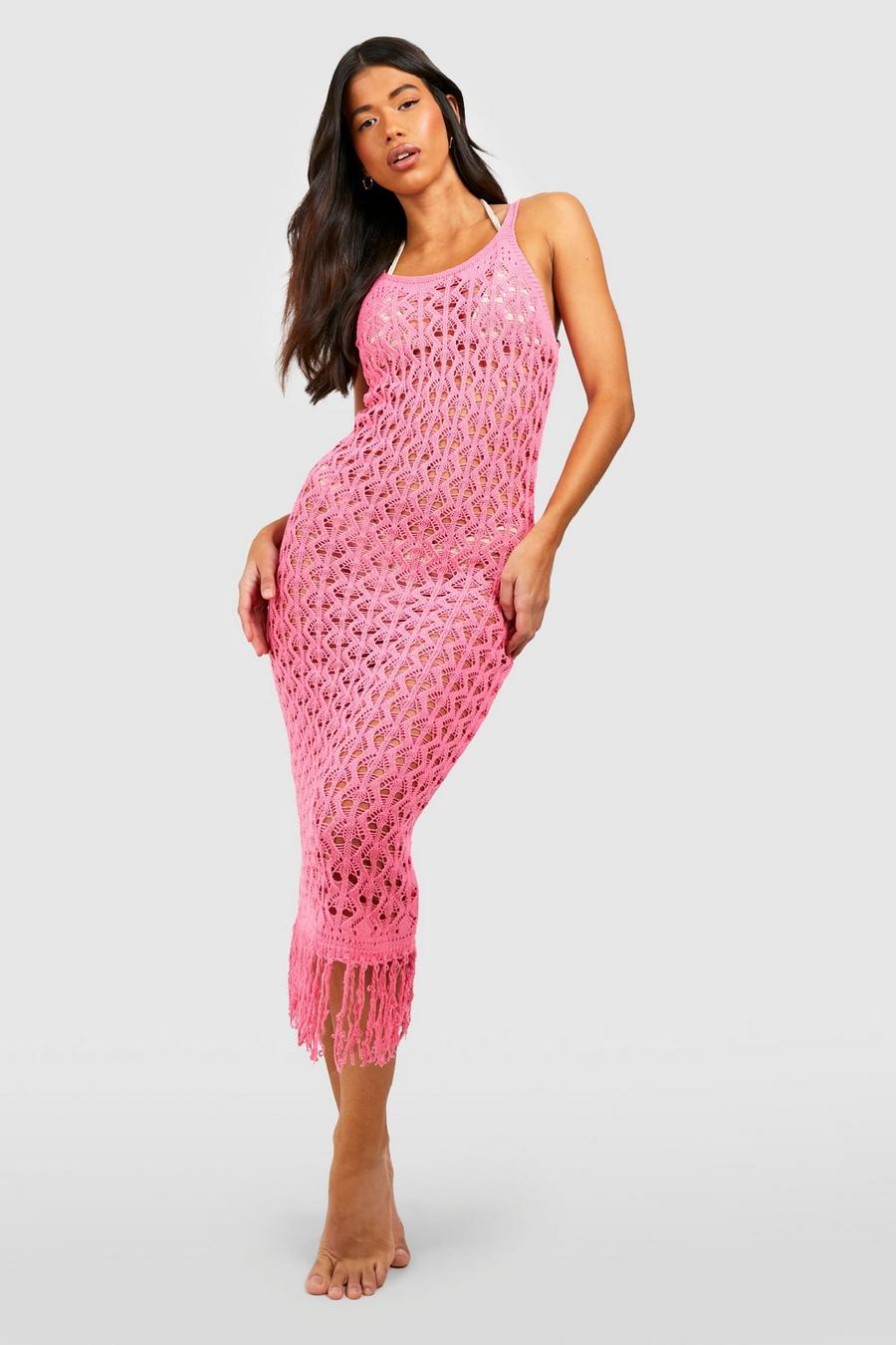 Vestito da mare longuette Tall all’uncinetto con frange sul fondo, Hot pink rosa image number 1
