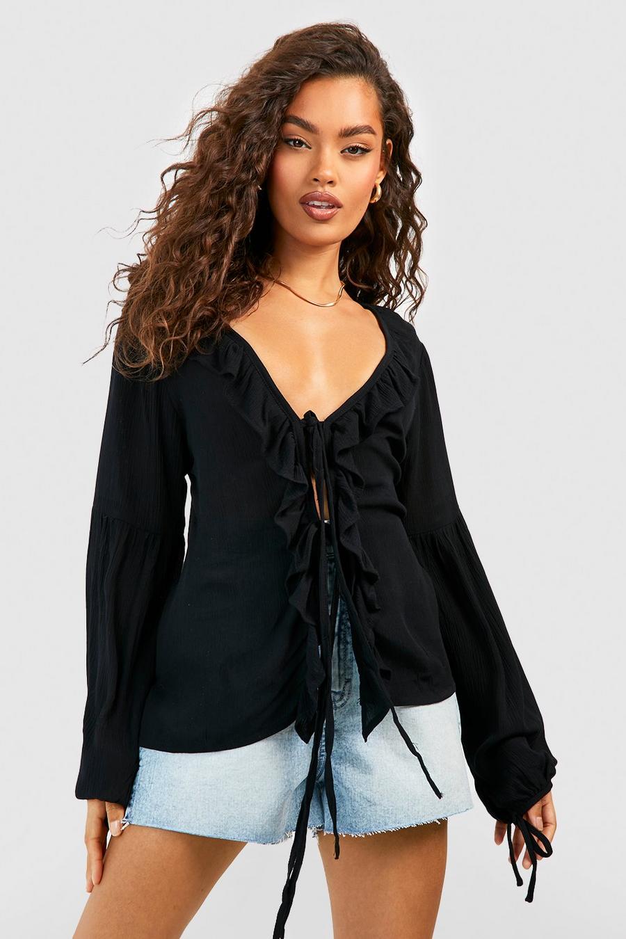 Black svart Ruffle Front Cheesecloth Top 
