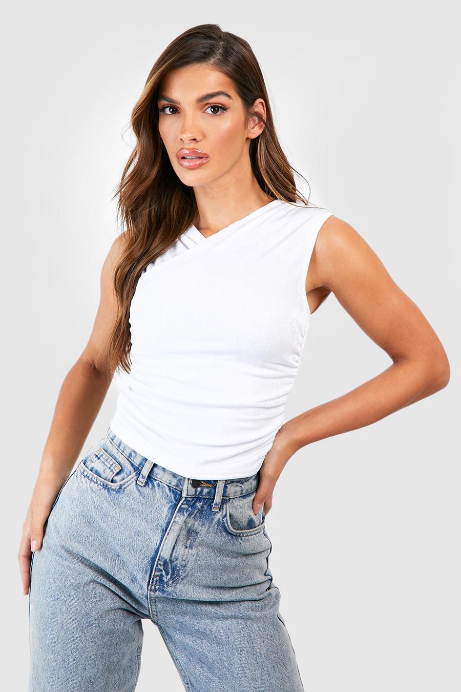 White Wrap Ruched Detail Sleeveless Top  image number 1