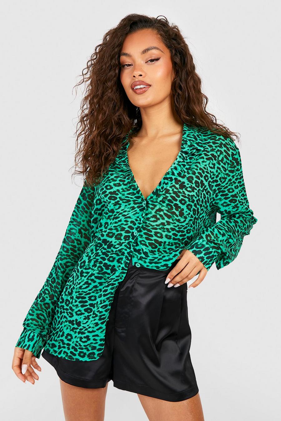 Oversize Chiffon-Hemd mit Leopardenprint, Green image number 1