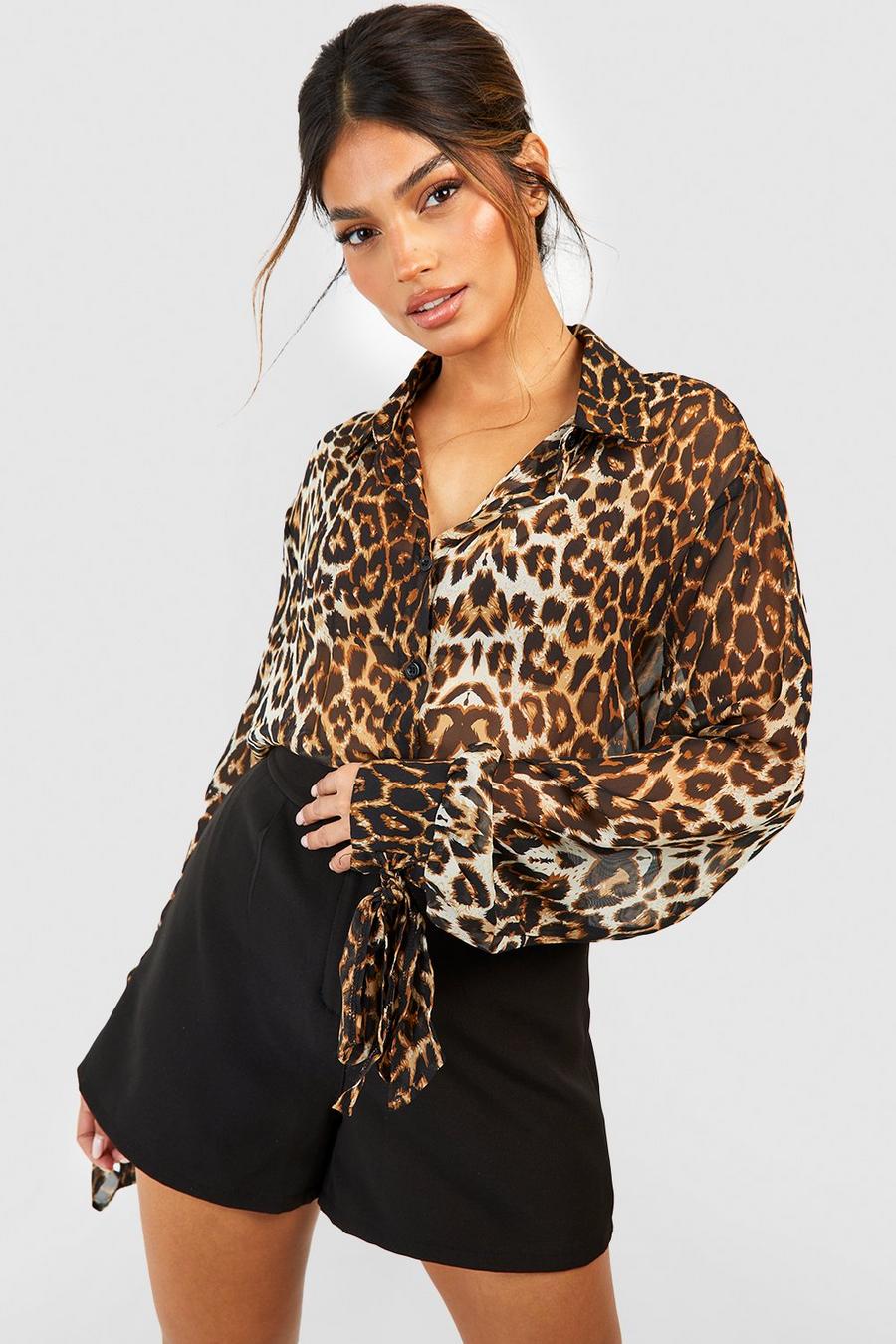 Brown Leopard Chiffon Tie Cuff Oversized Shirt  image number 1