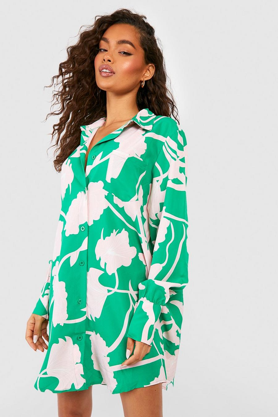 Vestido camisero de flores abstractas, Bright green image number 1