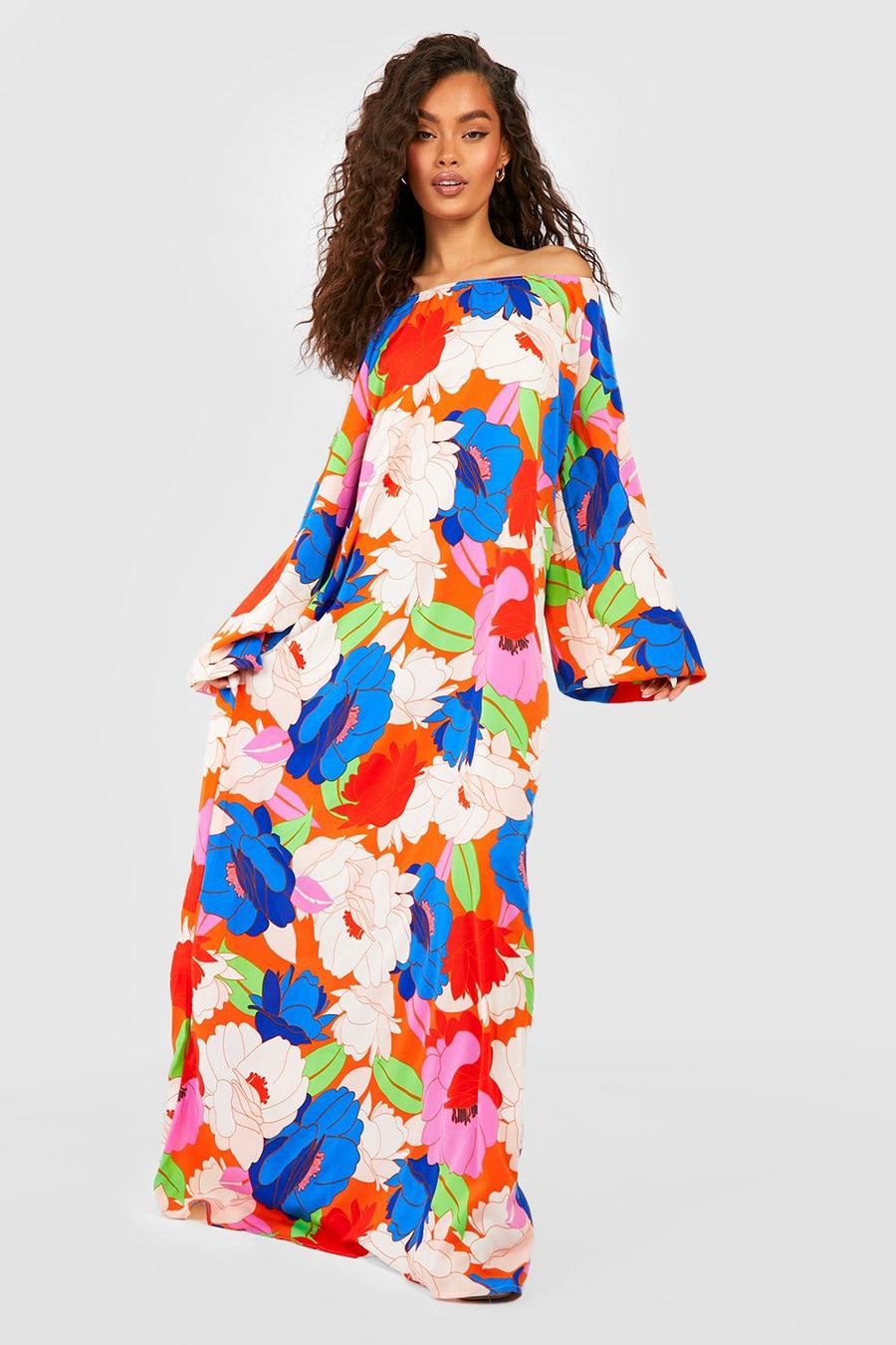 Blue Abstract Floral Maxi Smock Dress image number 1