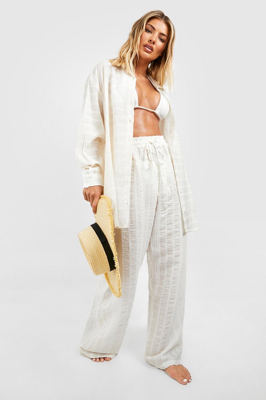 White Textured Palazzo Wide Leg Beach Pants image number 1