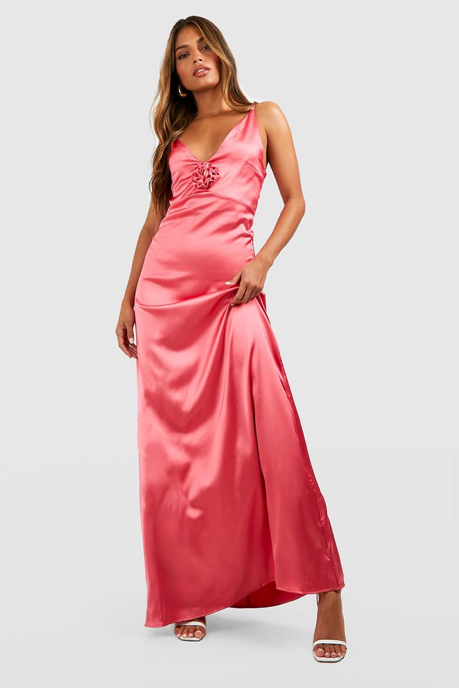 Vestido maxi de ocasión y raso, Hot pink image number 1