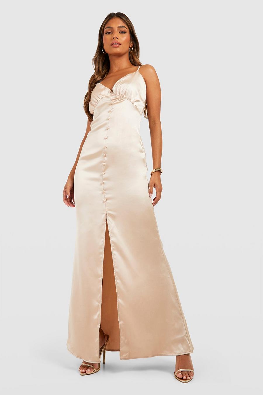 Champagne Satin Occasion Button Detail Slip Dress image number 1