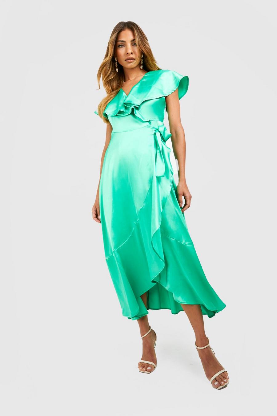 Bright green Satin Ruffle Wrap Dress