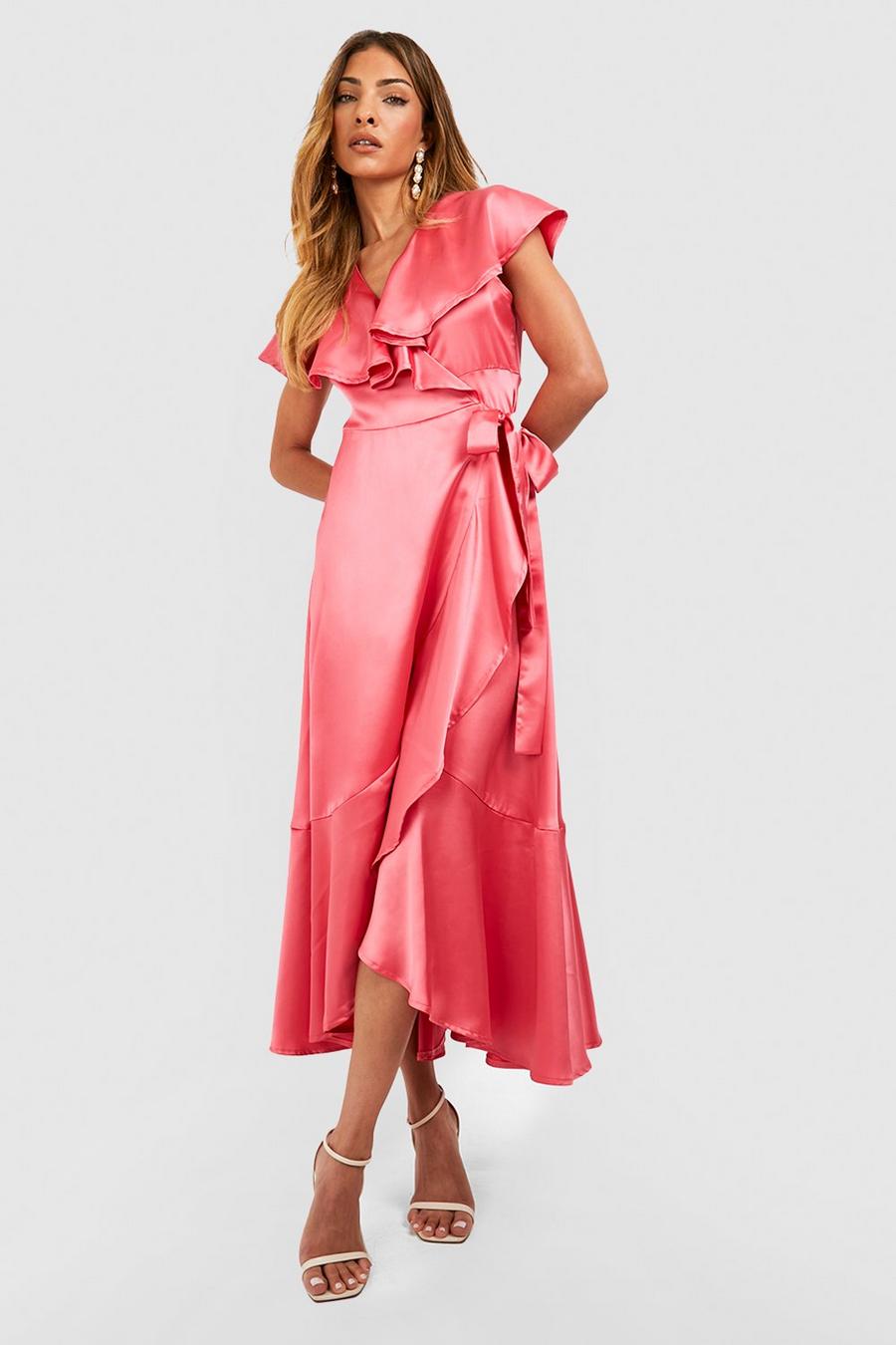 Hot pink Volangklänning i satin med omlott image number 1