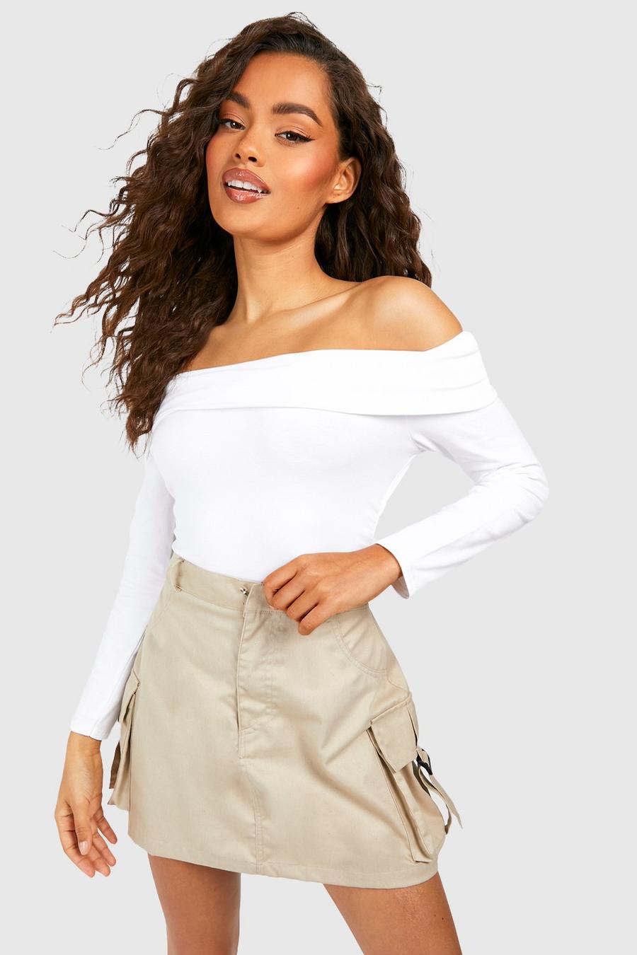 White Ruched Cotton Off The Shoulder Bodysuit image number 1