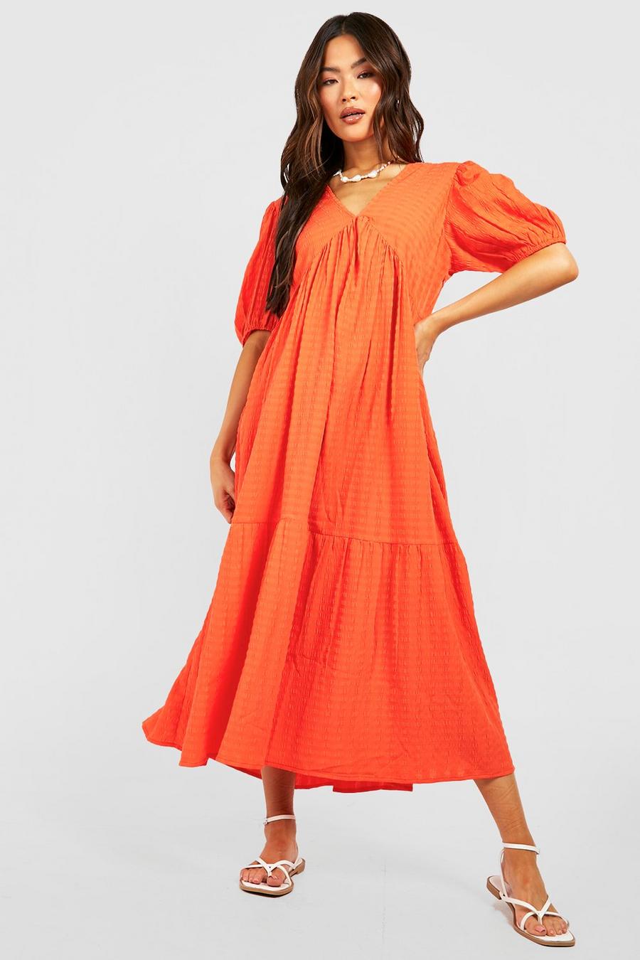 Orange Textured Puff Sleeve Midi Dress image number 1