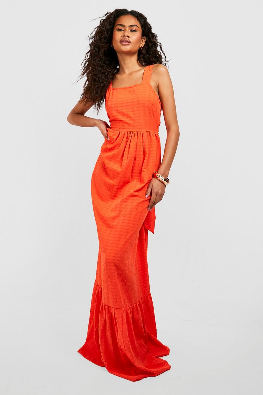 Orange Textured Open Back Tiered Maxi Dress image number 1
