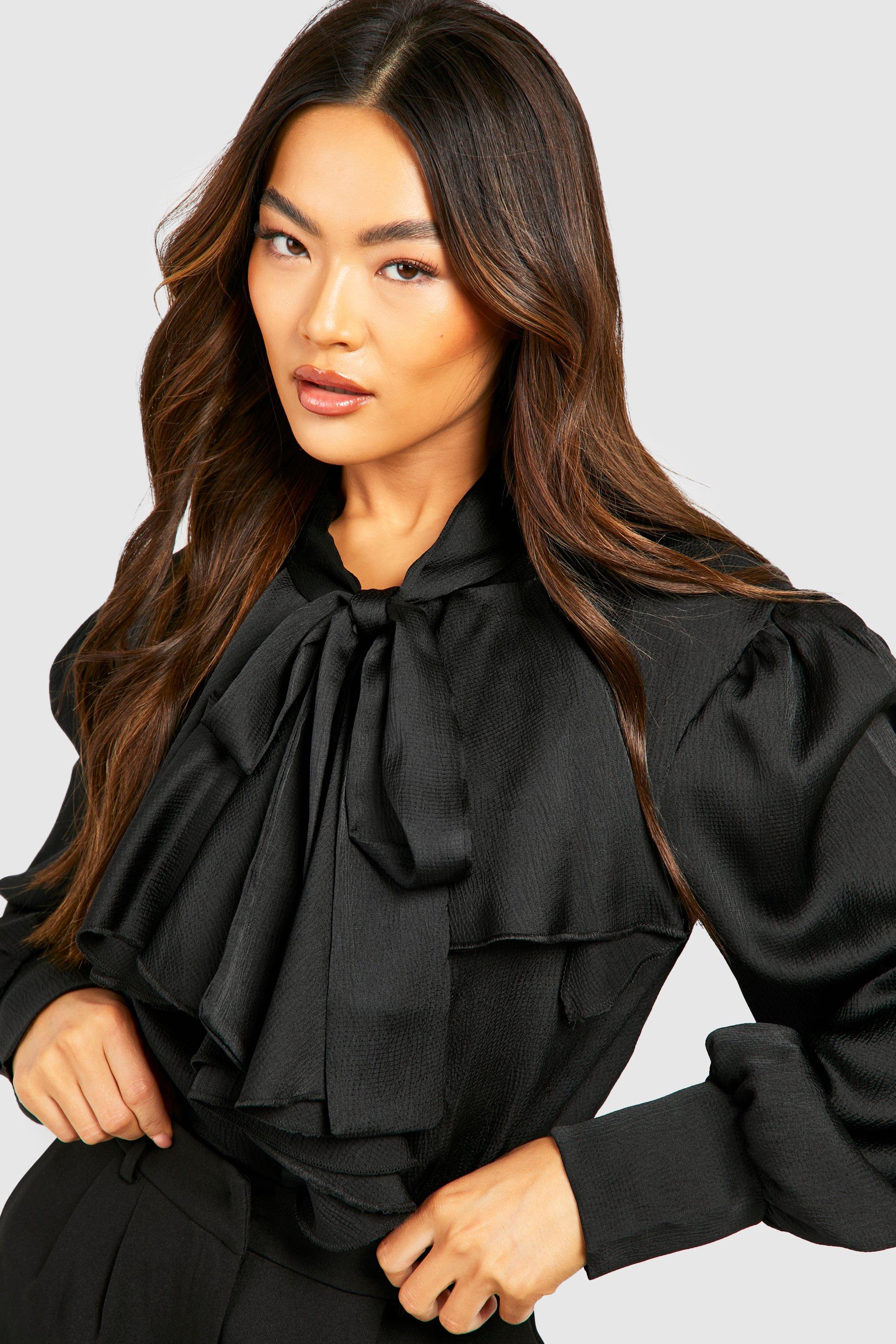 Textured Satin Ruffle Pussybow Blouse