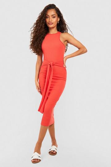 Orange Ripple Rib Racer Tie Front Midi Dress