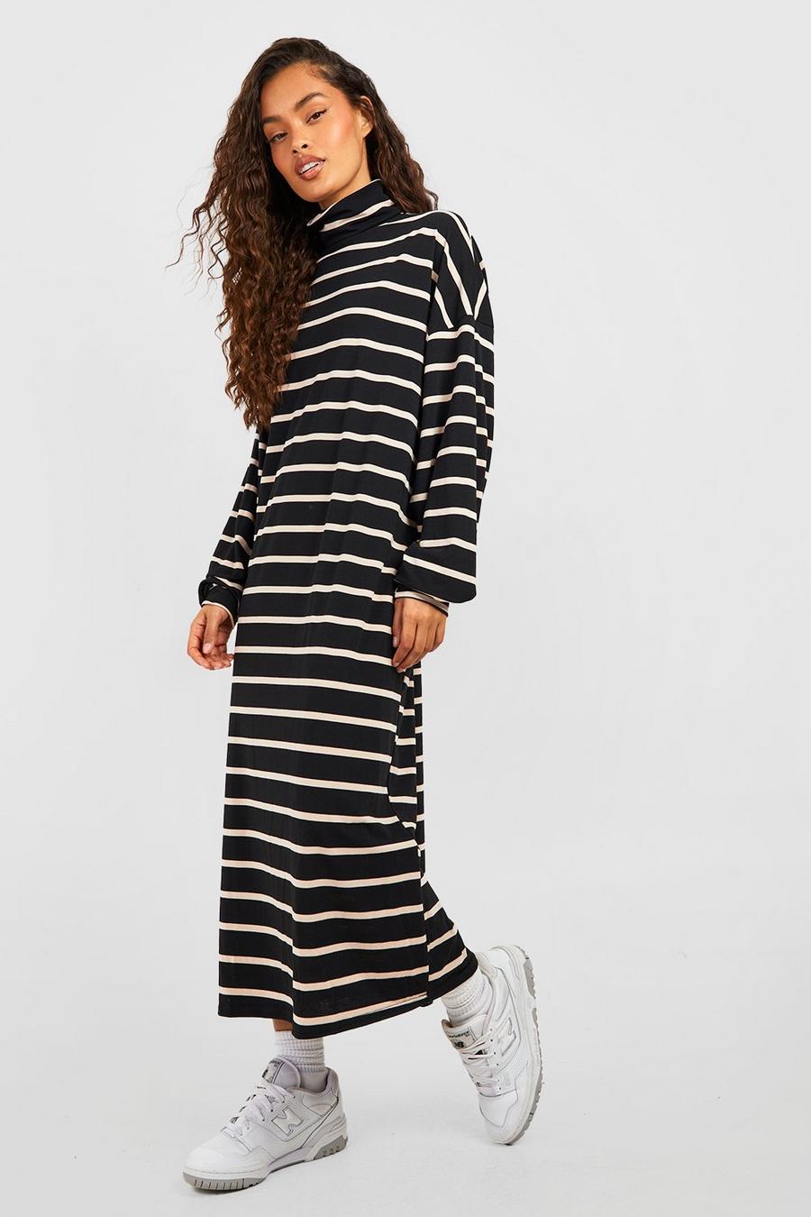 Black Jersey Stripe Turtleneck Midaxi Dress image number 1