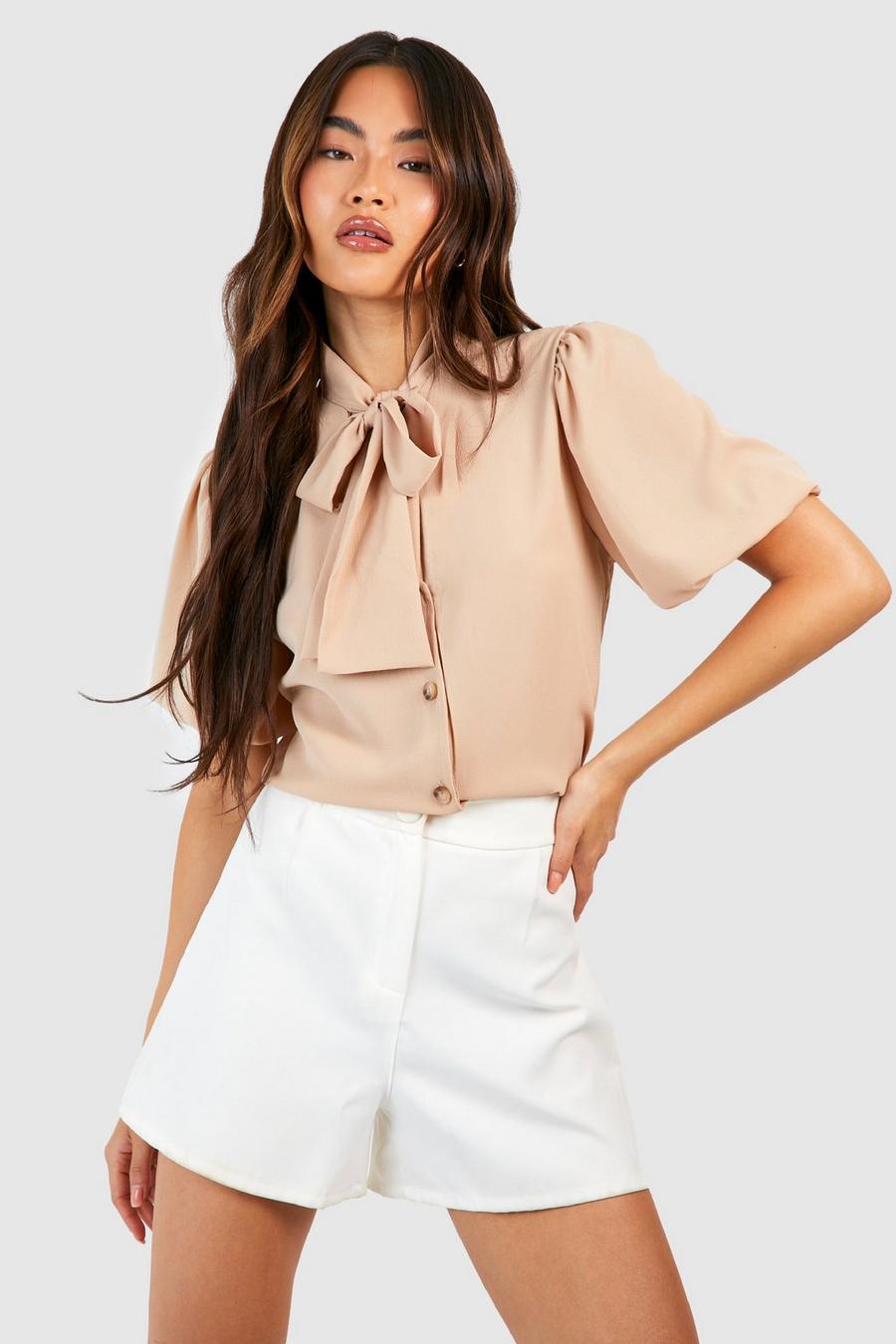 Stone beige Pussybow Puff Sleeve Button Front Blouse