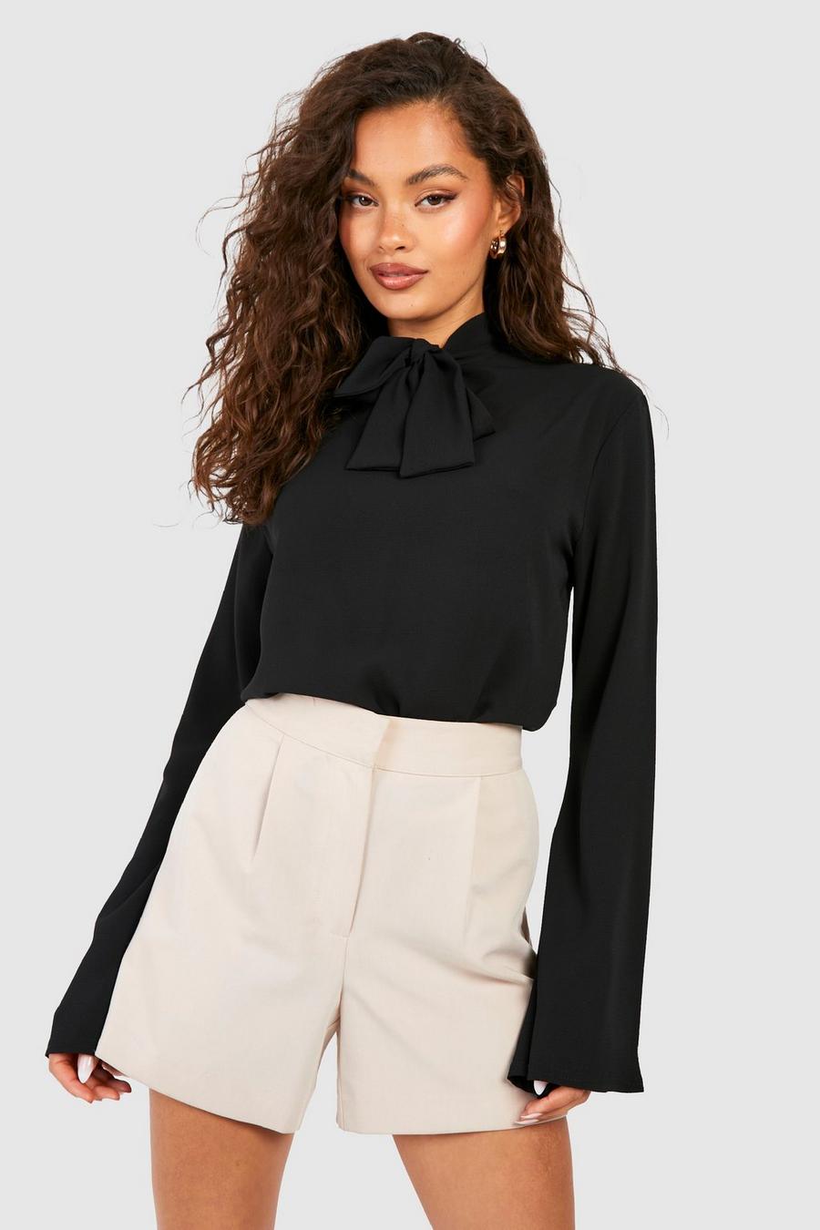 Black Pussybow Flared Sleeve Woven Blouse image number 1