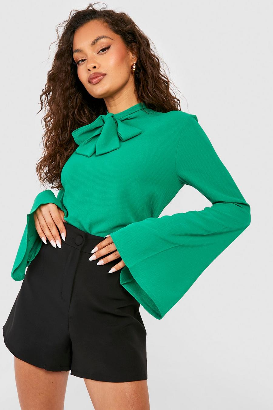 Bright green Pussybow Flared Sleeve Woven Blouse