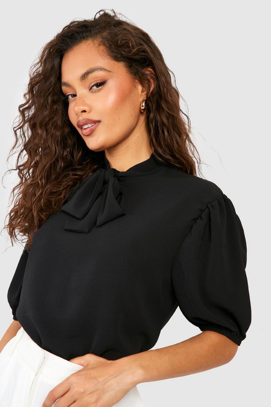Black Pussybow Puff Sleeve Woven Blouse image number 1